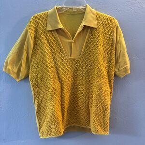 Vintage Short Sleeve Polo Shirt Knitted Diamond Pattern Yellow Women's XL
